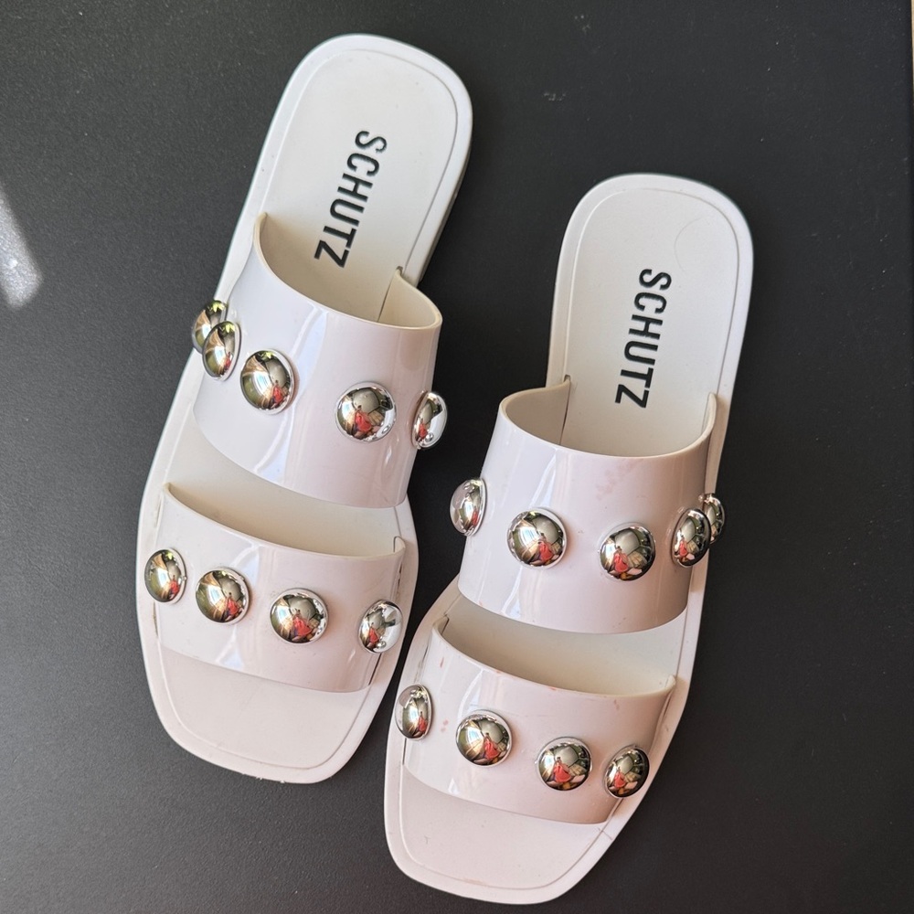 SCHUTZ White Sandals with Silver Studs